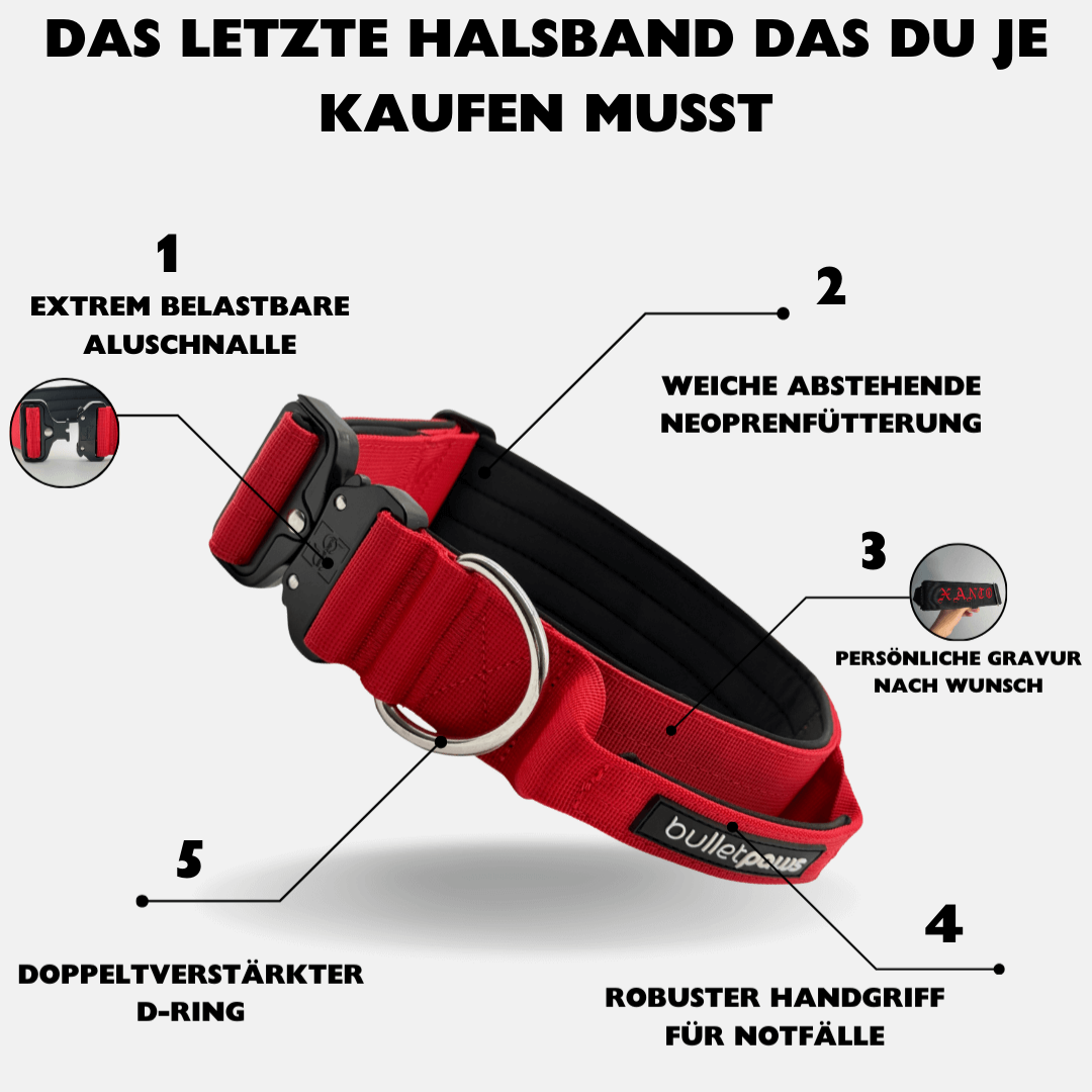 4cm Alpha Hundehalsband mit Griff - Rot - BulletPaws