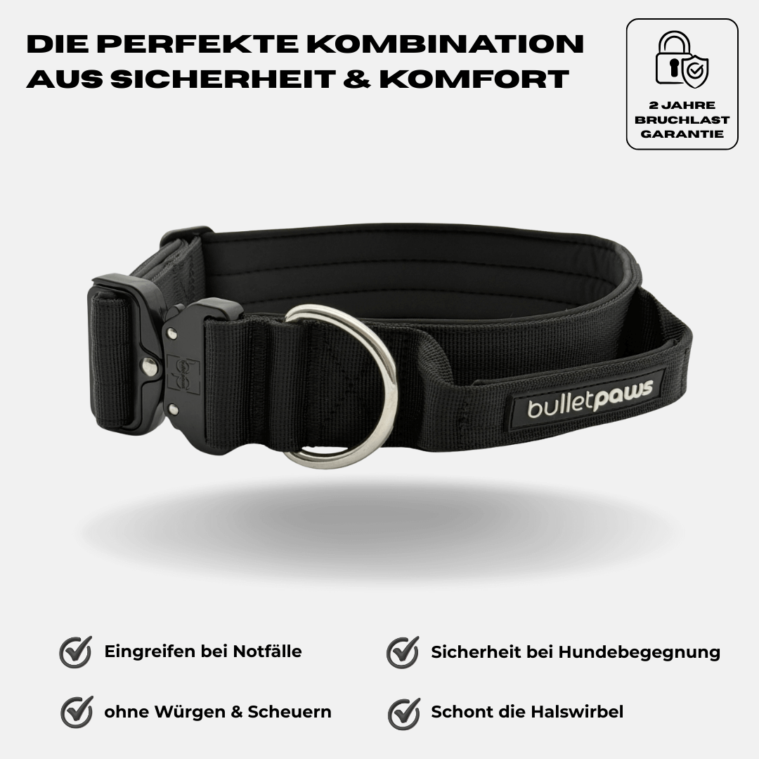 4cm Alpha Hundehalsband mit Griff - Schwarz
